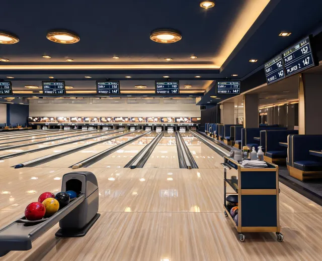 Bowling center lanes with equipment rack