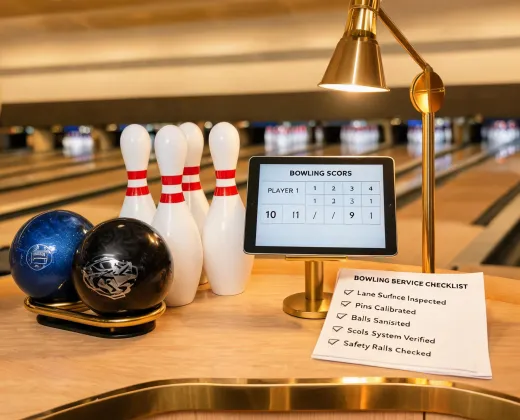 Bowling balls and pins on center counter